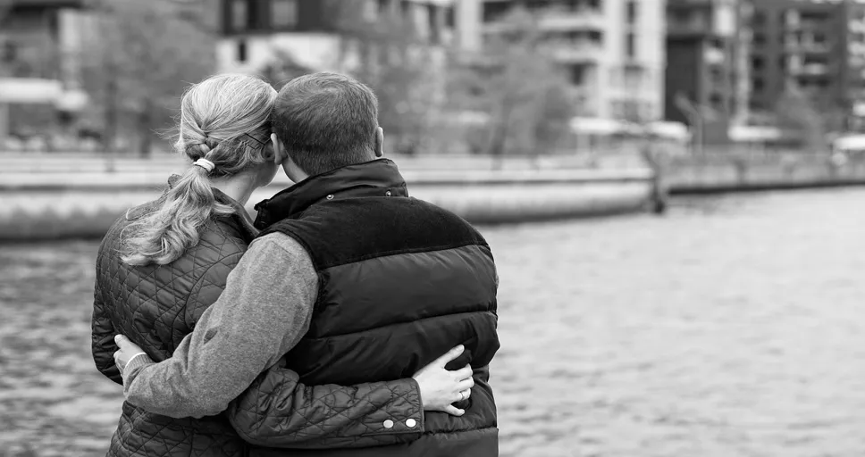 loving from a distance - couple, embrace, portrait