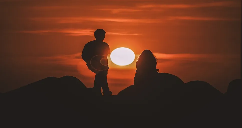 guy looking at phone - sunset, view, silhouette